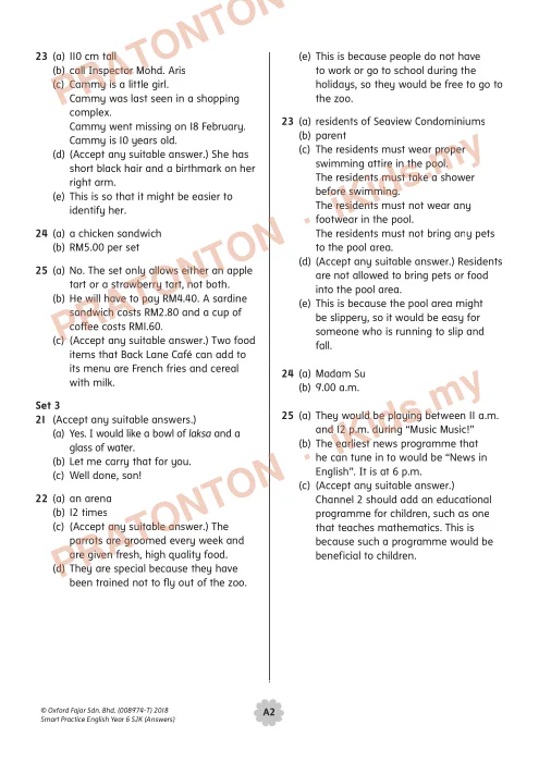 Pratonton muka 2 lembaran Jawapan Latihan Bahasa Inggeris Tahun 6 — Kertas 023 — Bahasa Inggeris Tahun 6