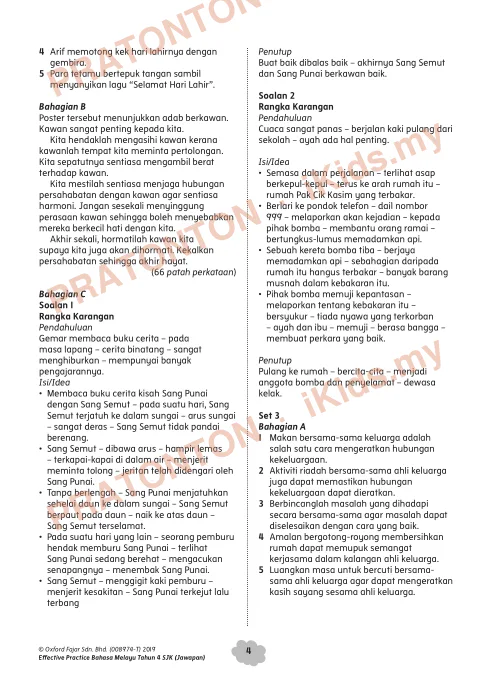 Pratonton muka 4 lembaran Jawapan Latihan Bahasa Melayu — Bahasa Melayu Tahun 4