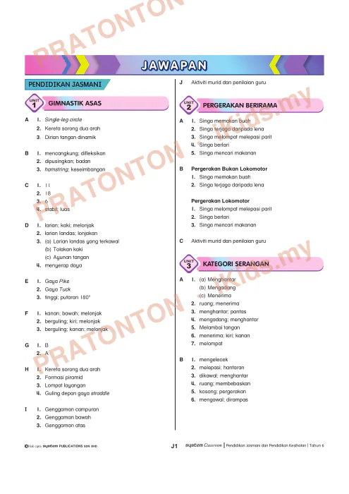 Pratonton muka 1 lembaran Jawapan Latihan PJPK Tahun 6 — Pendidikan Kesihatan Tahun 6