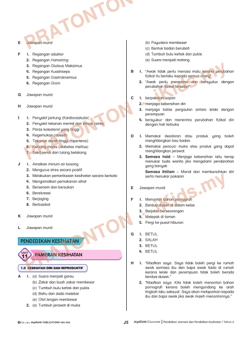 Pratonton muka 5 lembaran Jawapan Latihan PJPK Tahun 6 — Pendidikan Kesihatan Tahun 6