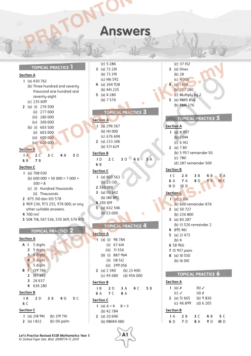 Pratonton muka 1 lembaran Jawapan Latihan Topikal Matematik Tahun 5 (Bahasa Inggeris) — Matematik Tahun 5