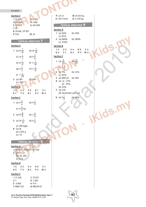 Pratonton muka 2 lembaran Jawapan Latihan Topikal Matematik Tahun 5 (Bahasa Inggeris) — Matematik Tahun 5