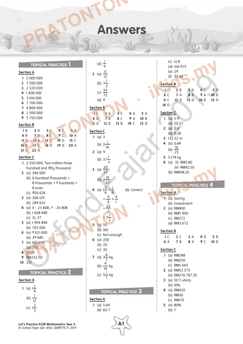 Pratonton muka 1 lembaran Jawapan Latihan Topikal Matematik Tahun 6 (Bahasa Inggeris) — Matematik Tahun 6