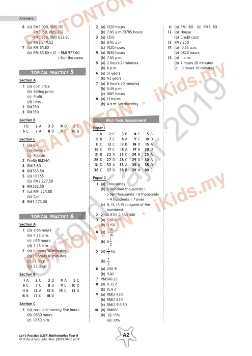 Pratonton muka 2 lembaran Jawapan Latihan Topikal Matematik Tahun 6 (Bahasa Inggeris) — Matematik Tahun 6