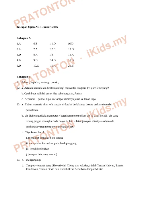 Pratonton muka 1 lembaran Jawapan Ujian AR 1 Januari 2016 — Bahasa Melayu — Bahasa Melayu Tahun 6