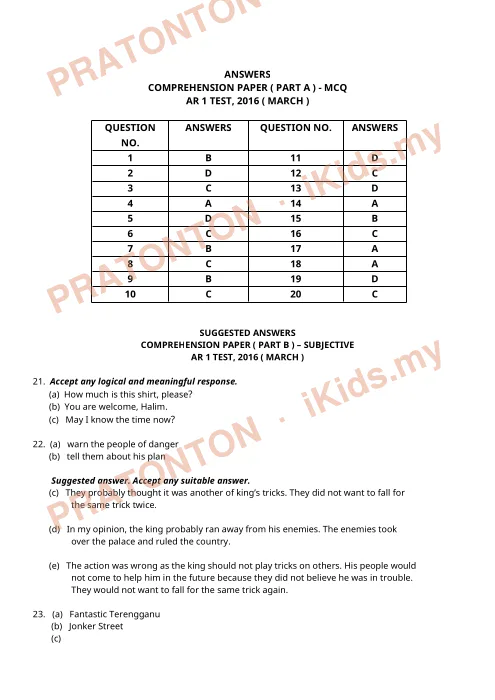 Pratonton muka 1 lembaran Jawapan Ujian AR 1 Mac 2016 — Bahasa Inggeris Pemahaman Bahagian A — Bahasa Inggeris Tahun 6