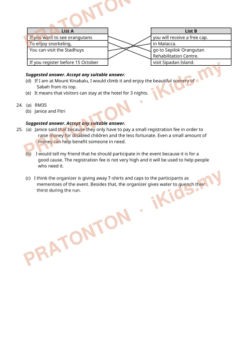 Pratonton muka 2 lembaran Jawapan Ujian AR 1 Mac 2016 — Bahasa Inggeris Pemahaman Bahagian A — Bahasa Inggeris Tahun 6