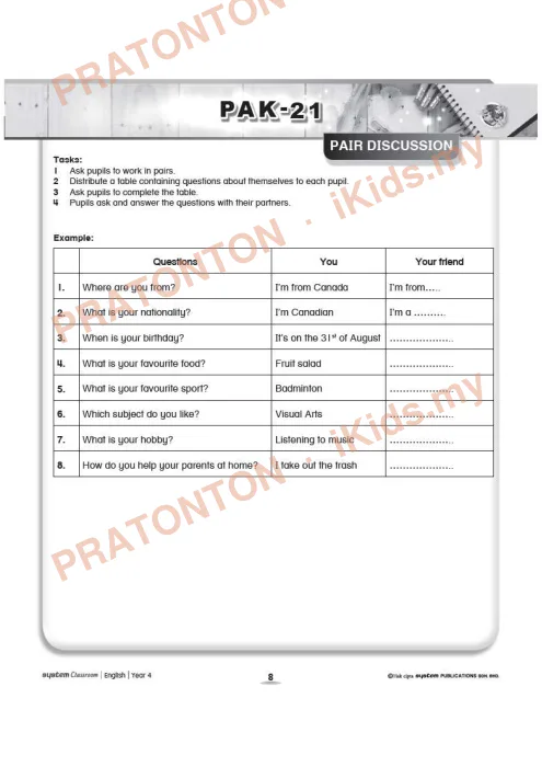 Pratonton muka 1 lembaran Kad Aktiviti PAK-21 Bahasa Inggeris — Modul 1: Pair Discussion — Bahasa Inggeris Tahun 6