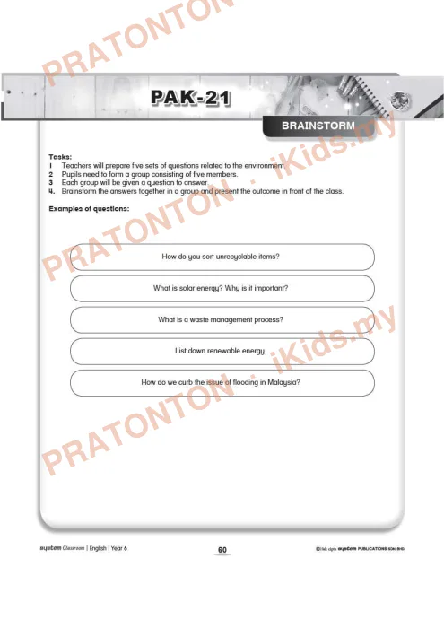 Pratonton muka 1 lembaran Kad Aktiviti PAK-21 Bahasa Inggeris — Unit 6: Brainstorm — Bahasa Inggeris Tahun 6