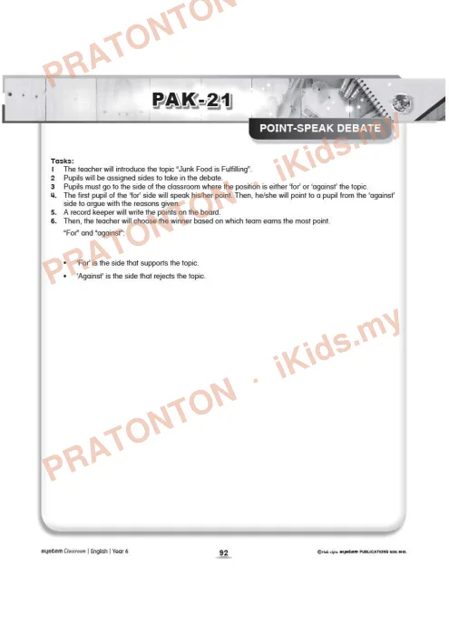 Pratonton muka 1 lembaran Kad Aktiviti PAK-21 Bahasa Inggeris — Unit 9: Point-Speak Debate — Bahasa Inggeris Tahun 6