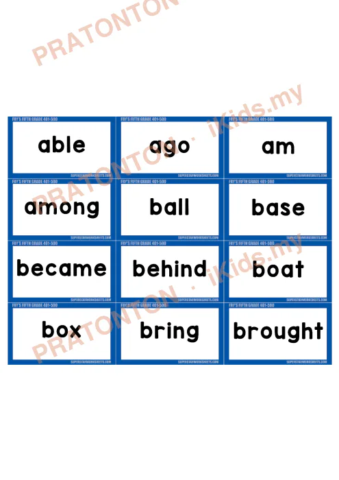 Pratonton muka 1 lembaran Kad Imbas Perkataan Bahasa Inggeris — Senarai Fry Tahun 5 — Bahasa Inggeris Tahun 5