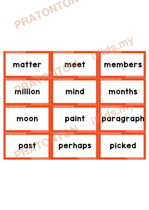 Pratonton muka 5 lembaran Kad Imbas Perkataan Bahasa Inggeris — Senarai Fry Tahun 6 — Bahasa Inggeris Tahun 6