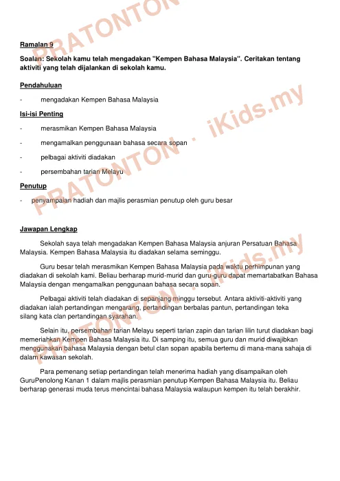 Pratonton muka 1 lembaran Karangan Ramalan UPSR — Set 2 — Bahasa Melayu Tahun 6