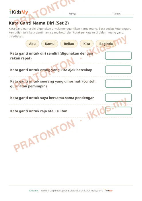 Pratonton muka 1 lembaran Kata Ganti Nama Diri (Set 2) — Bahasa Melayu Tahun 3