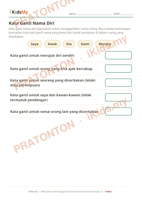 Pratonton muka 1 lembaran Kata Ganti Nama Diri — Bahasa Melayu Tahun 1