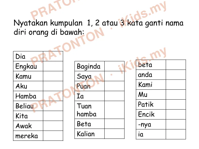 Pratonton muka 4 lembaran Kata Ganti Nama — Bahasa Melayu Tahun 1