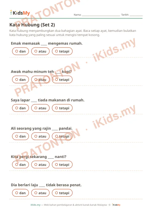 Pratonton muka 1 lembaran Kata Hubung (Set 2) — Bahasa Melayu Tahun 2