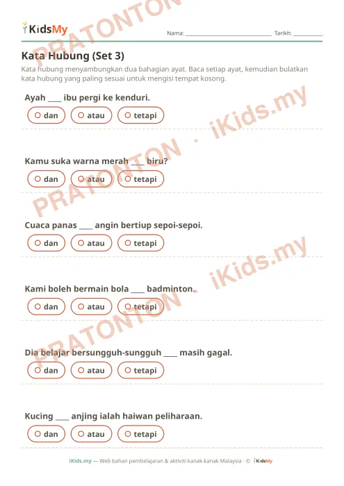 Pratonton muka 1 lembaran Kata Hubung (Set 3) — Bahasa Melayu Tahun 2