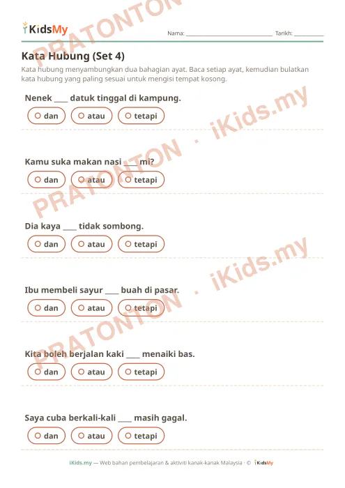 Pratonton muka 1 lembaran Kata Hubung (Set 4) — Bahasa Melayu Tahun 2
