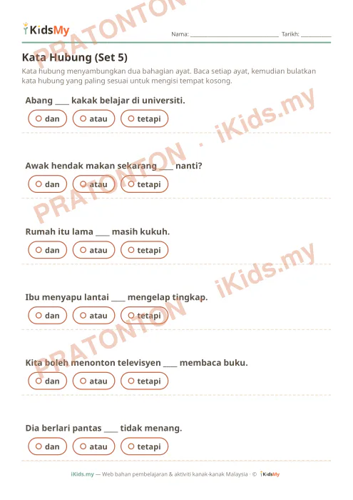 Pratonton muka 1 lembaran Kata Hubung (Set 5) — Bahasa Melayu Tahun 2