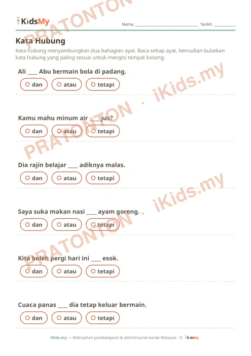 Pratonton muka 1 lembaran Kata Hubung — Bahasa Melayu Tahun 1