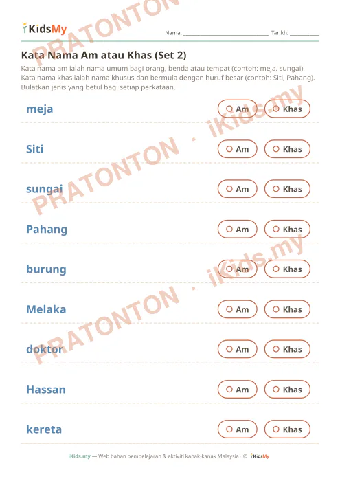 Pratonton muka 1 lembaran Kata Nama Am atau Khas (Set 2) — Bahasa Melayu Tahun 2
