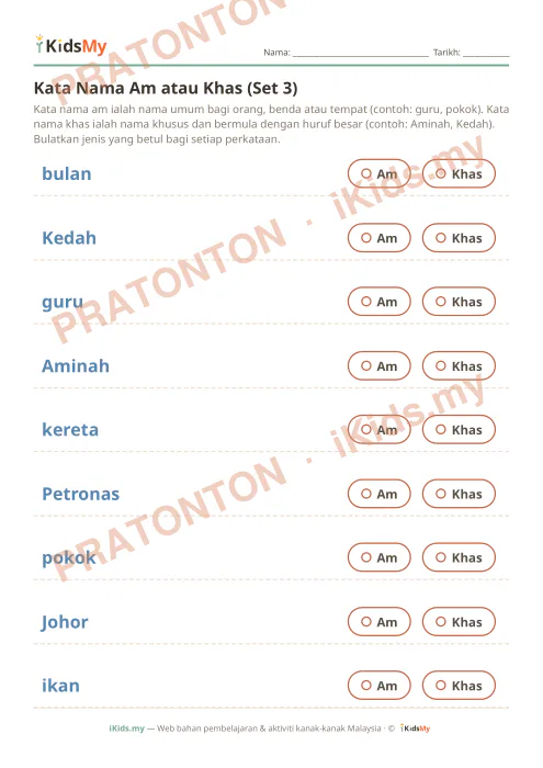 Pratonton muka 1 lembaran Kata Nama Am atau Khas (Set 3) — Bahasa Melayu Tahun 2