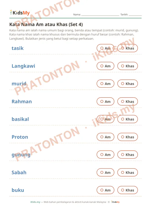 Pratonton muka 1 lembaran Kata Nama Am atau Khas (Set 4) — Bahasa Melayu Tahun 2