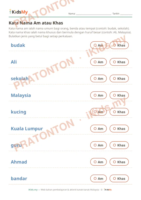 Pratonton muka 1 lembaran Kata Nama Am atau Khas — Bahasa Melayu Tahun 1
