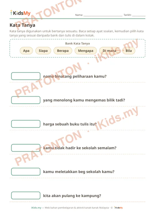Pratonton muka 1 lembaran Kata Tanya — Bahasa Melayu Tahun 2