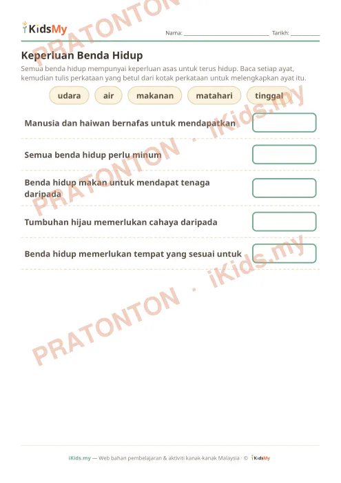 Pratonton muka 1 lembaran Keperluan Benda Hidup — Sains Tahun 1