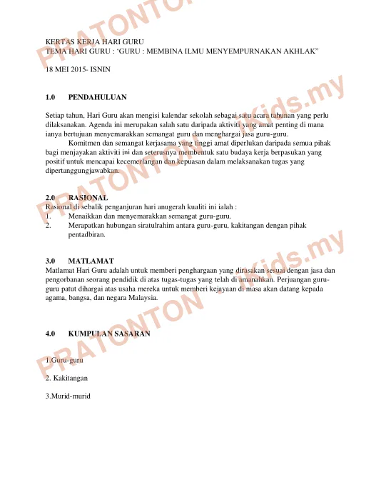 Pratonton muka 1 lembaran KERTAS KERJA HARI GURU — Matematik Tahun 1