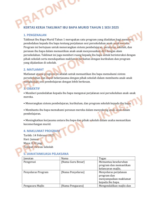 Pratonton muka 1 lembaran KERTAS KERJA TAKLIMAT IBU BAPA MURID TAHUN 1 SESI 2025 — Matematik Tahun 1