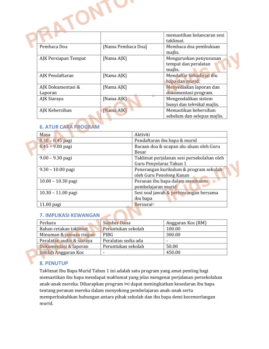Pratonton muka 2 lembaran KERTAS KERJA TAKLIMAT IBU BAPA MURID TAHUN 1 SESI 2025 — Matematik Tahun 1