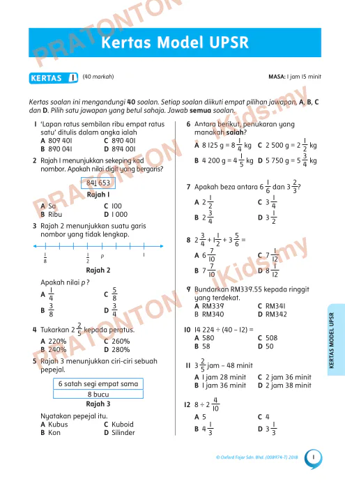 Pratonton muka 1 lembaran Kertas Model Matematik Tahun 6 — Kertas 1 — Matematik Tahun 6