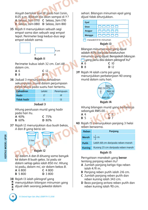 Pratonton muka 4 lembaran Kertas Model Matematik Tahun 6 — Kertas 1 — Matematik Tahun 6