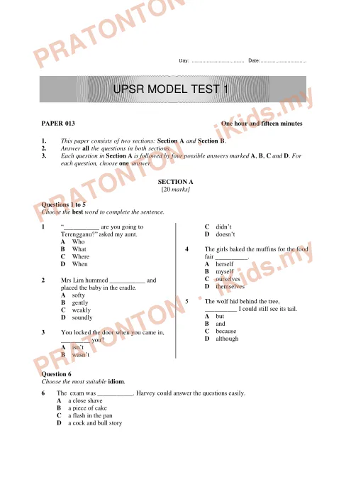 Pratonton muka 1 lembaran Kertas Model UPSR 1 — Bahasa Inggeris Pemahaman — Bahasa Inggeris Tahun 6