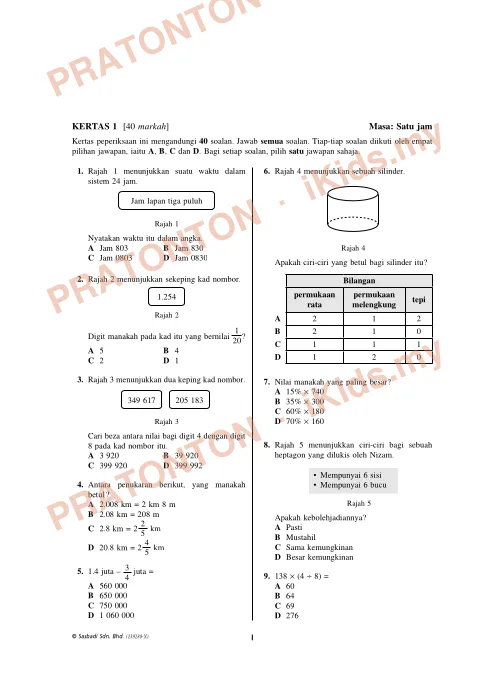 Pratonton muka 1 lembaran Kertas Model UPSR Matematik Tahun 6 (2) — Matematik Tahun 6