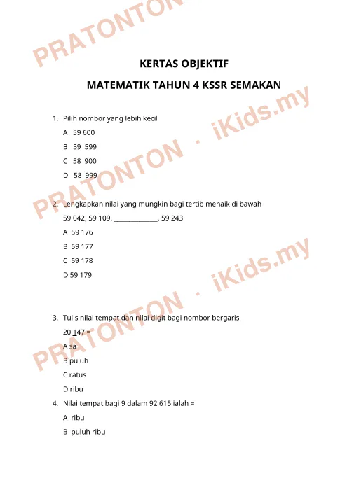 Pratonton muka 1 lembaran Latihan Matematik — Matematik Tahun 4