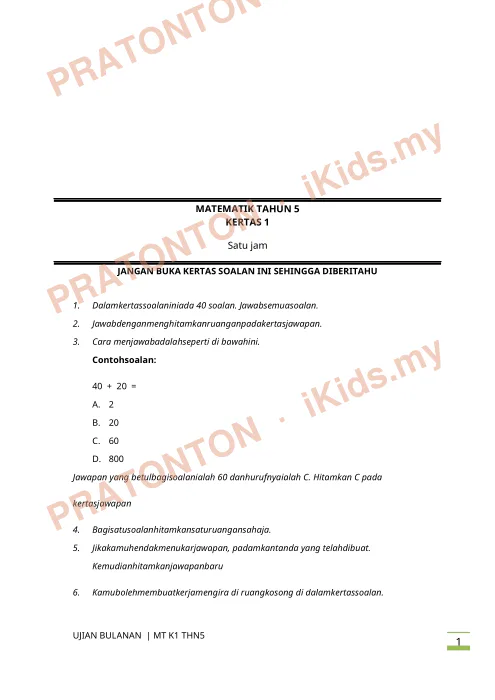 Pratonton muka 1 lembaran Kertas Peperiksaan Matematik Tahun 5 — Kertas 1 (Satu Jam) — Matematik Tahun 5