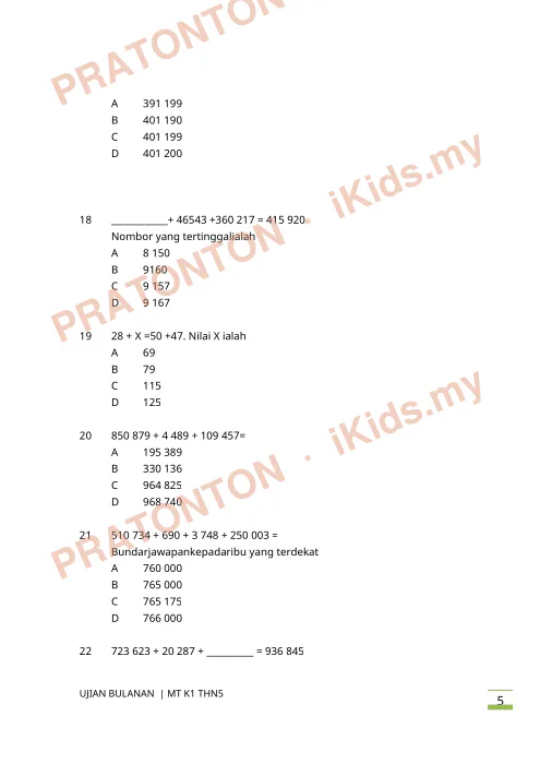 Pratonton muka 5 lembaran Kertas Peperiksaan Matematik Tahun 5 — Kertas 1 (Satu Jam) — Matematik Tahun 5