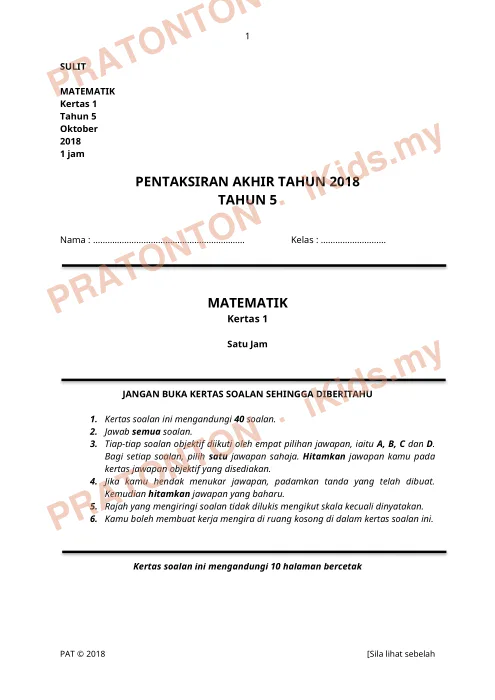 Pratonton muka 1 lembaran Kertas Peperiksaan Matematik Tahun 5 — Kertas 1 (Set A) — Matematik Tahun 5