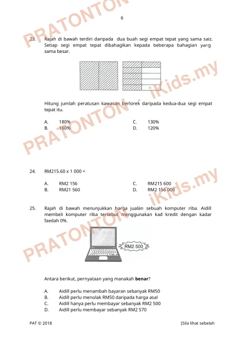 Pratonton muka 6 lembaran Kertas Peperiksaan Matematik Tahun 5 — Kertas 1 (Set A) — Matematik Tahun 5