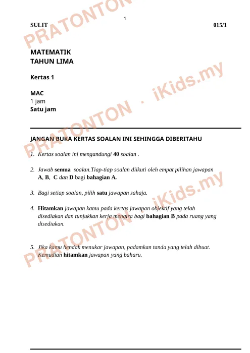 Pratonton muka 1 lembaran Kertas Peperiksaan Matematik Tahun 5 — Kertas 1 (Set B) — Matematik Tahun 5