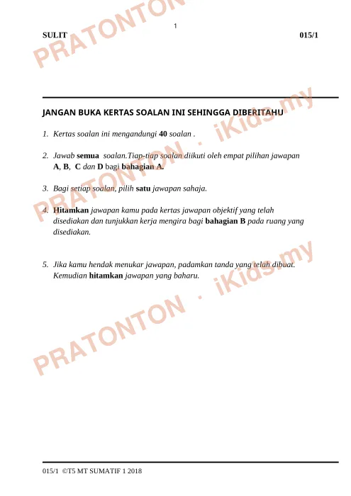 Pratonton muka 1 lembaran Kertas Peperiksaan Matematik Tahun 5 — Kertas 1 — Matematik Tahun 5