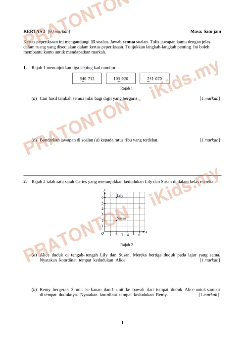 Pratonton muka 1 lembaran Kertas Peperiksaan Matematik Tahun 5 — Kertas 2 (60 Markah) — Matematik Tahun 5