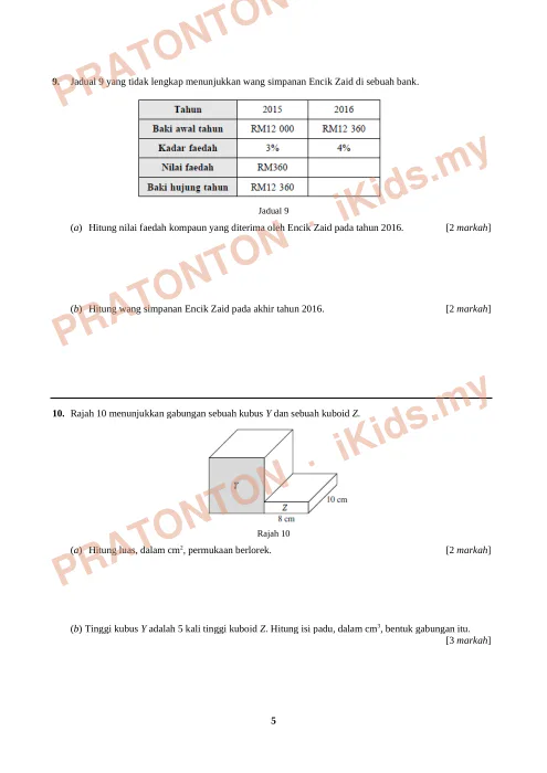 Pratonton muka 5 lembaran Kertas Peperiksaan Matematik Tahun 5 — Kertas 2 (60 Markah) — Matematik Tahun 5
