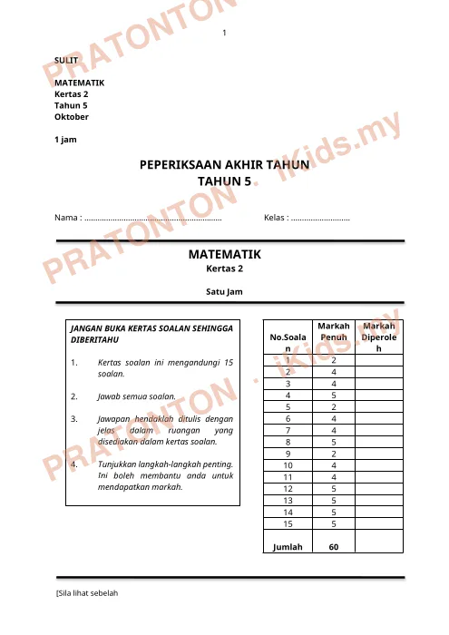 Pratonton muka 1 lembaran Kertas Peperiksaan Matematik Tahun 5 — Kertas 2 (Set B) — Matematik Tahun 5