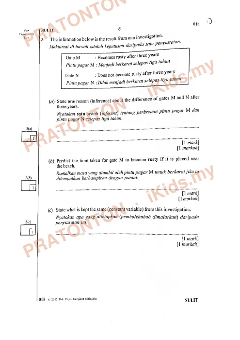 Pratonton muka 6 lembaran Kertas Peperiksaan UPSR 2015 — Sains Bahagian B — Sains Tahun 6