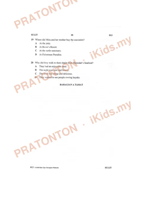 Pratonton muka 10 lembaran Kertas Peperiksaan UPSR 2018 — Bahasa Inggeris Pemahaman — Bahasa Inggeris Tahun 6